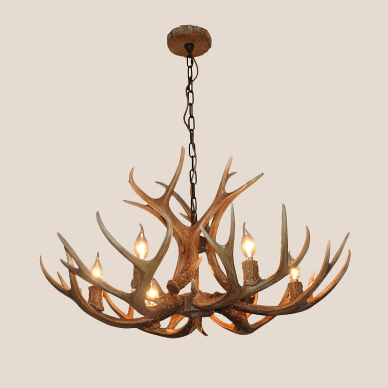Rustic 6-Bulb Antler Candelabra Chandelier – Brown Resin Ceiling Pendant