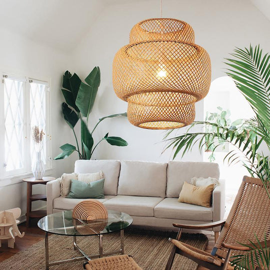 3-Tiered Rustic Bamboo Woven Pendant Light