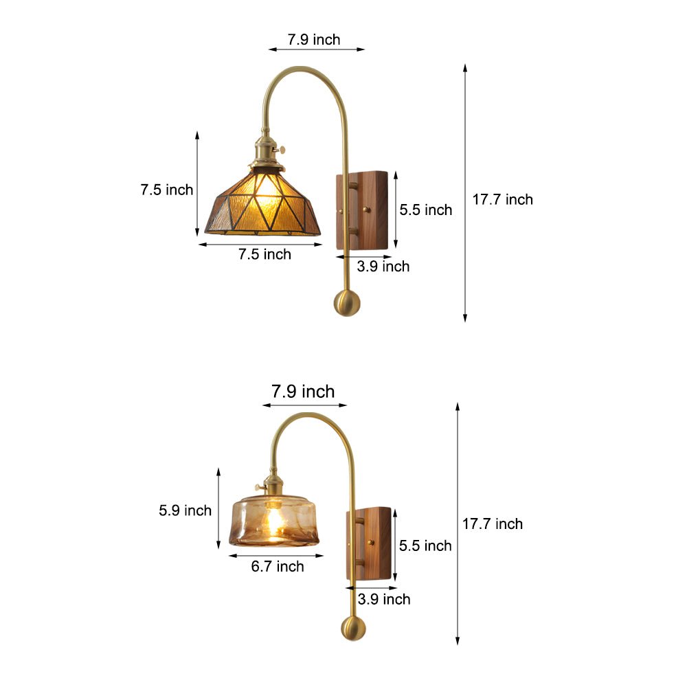 Vintage Brass Wall Light with Glass Shade