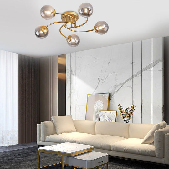 5-Light Glass Globe Swirled Metal LED Modern Flush Mount Ceiling Light