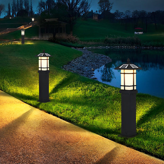 Modern Solar LED Bollard Lights with Ancient Asian Style Top – Waterproof Outdoor Light