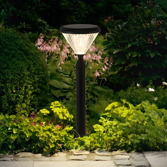 Round Black Solar LED Outdoor Light with Ribbed Lampshade