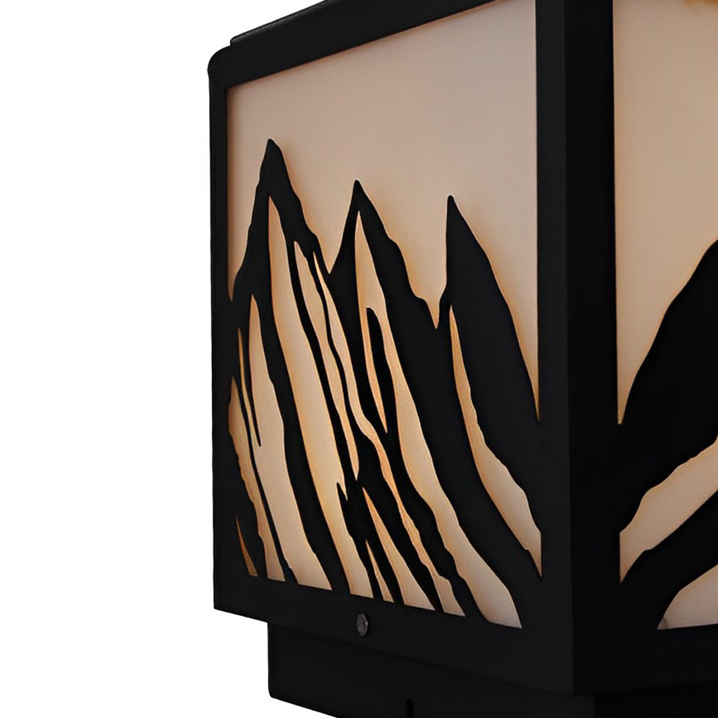 Black Solar LED Fence Post Light with Mountain Pattern Design