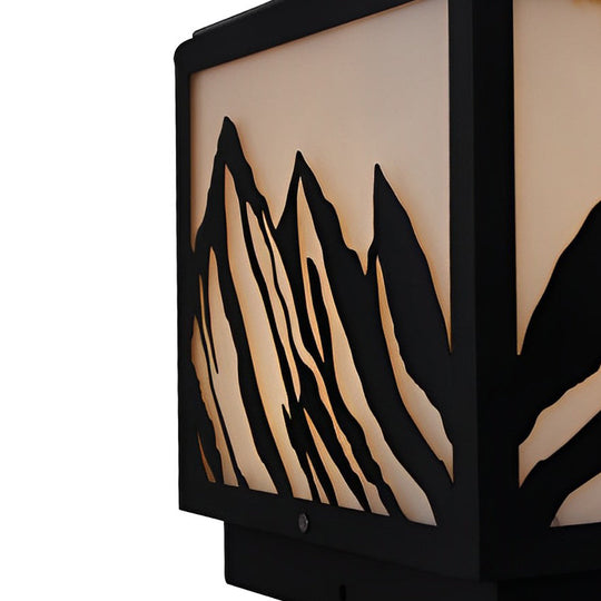 Black Solar LED Fence Post Light with Mountain Pattern Design