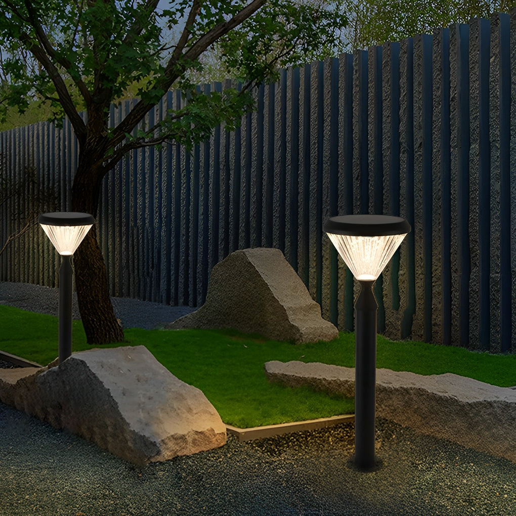 Round Black Solar LED Outdoor Light with Ribbed Lampshade