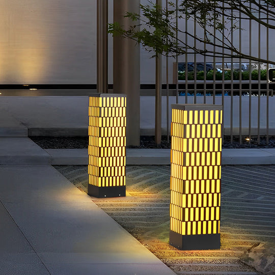 Grid-Designed Black LED Outdoor Lawn Bollard Light