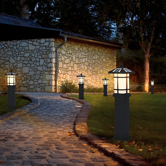 Modern Solar LED Bollard Lights with Ancient Asian Style Top – Waterproof Outdoor Light