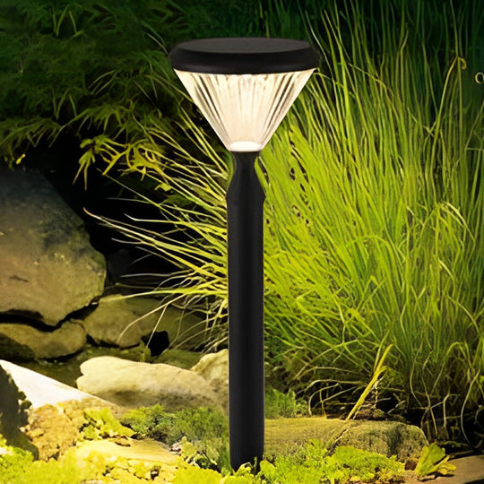 Round Black Solar LED Outdoor Light with Ribbed Lampshade