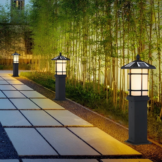 Modern Solar LED Bollard Lights with Ancient Asian Style Top – Waterproof Outdoor Light