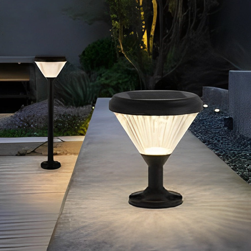 Round Black Solar LED Outdoor Light with Ribbed Lampshade