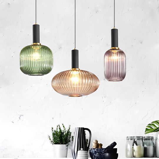 Glass Lantern Shaped Striped Creative LED Nordic Chandelier Pendant Light