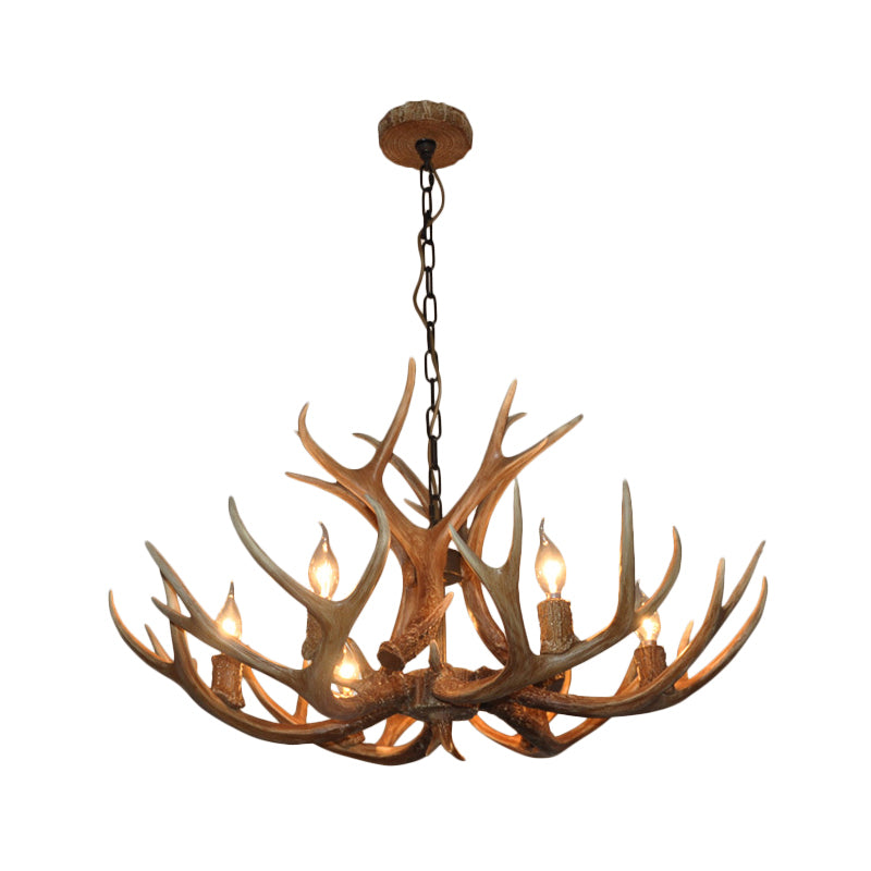 Rustic 6-Bulb Antler Candelabra Chandelier – Brown Resin Ceiling Pendant