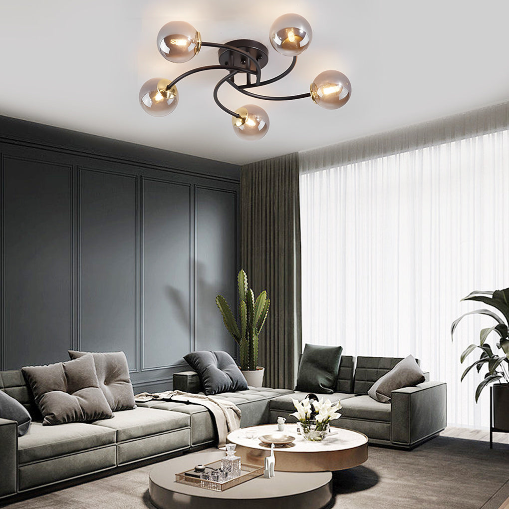 5-Light Glass Globe Swirled Metal LED Modern Flush Mount Ceiling Light
