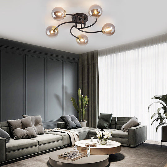 5-Light Glass Globe Swirled Metal LED Modern Flush Mount Ceiling Light