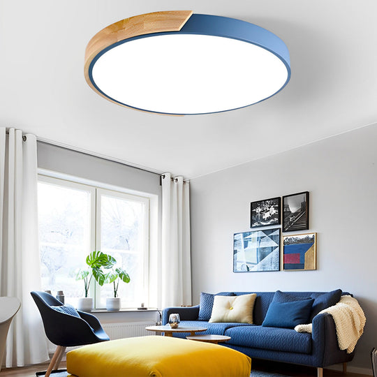 Circular Modern LED Metal Wood Flush Mount Ceiling Light – Living Room