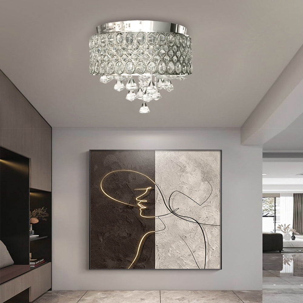 4-Light Drum Shaped Crystal Metal Modern Flush Mount Chandelier