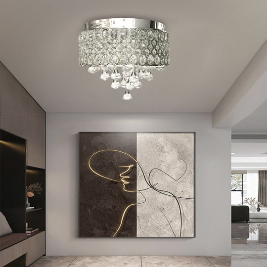 4-Light Drum Shaped Crystal Metal Modern Flush Mount Chandelier