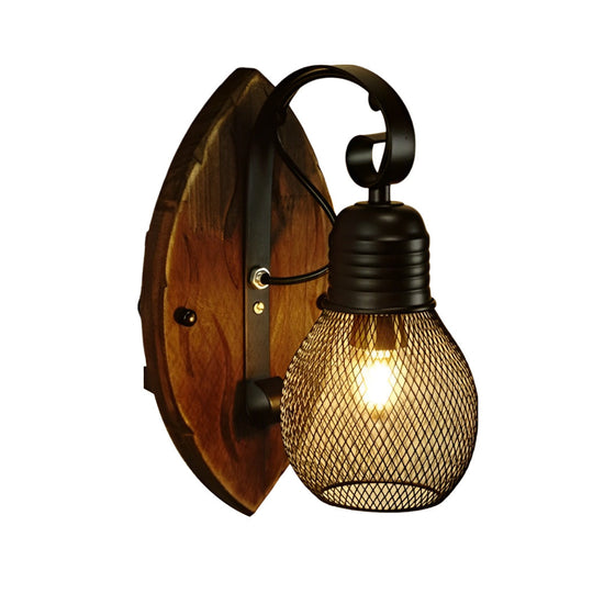 Rustic Antique Wood & Iron Mesh Industrial Wall Lamp