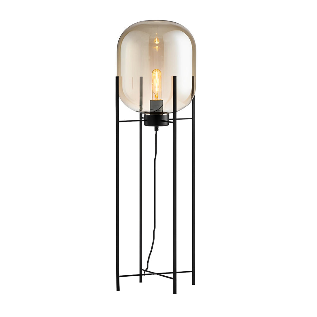 Industrial Standing Metal & Hand-Blown Glass Floor Lamp