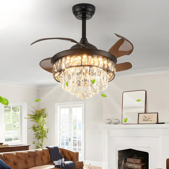 20-Inch Black Crystal Ceiling Fan with Retractable Blades and LED Light