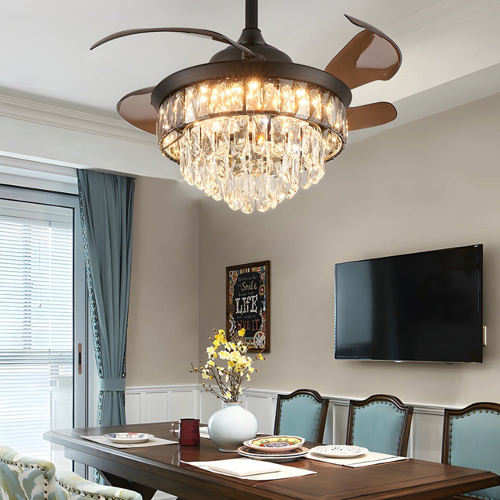 20-Inch Black Crystal Ceiling Fan with Retractable Blades and LED Light