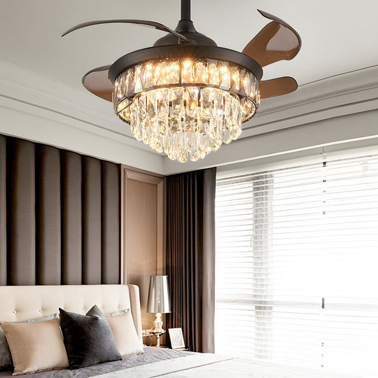 20-Inch Black Crystal Ceiling Fan with Retractable Blades and LED Light