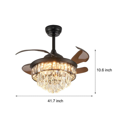 20-Inch Black Crystal Ceiling Fan with Retractable Blades and LED Light