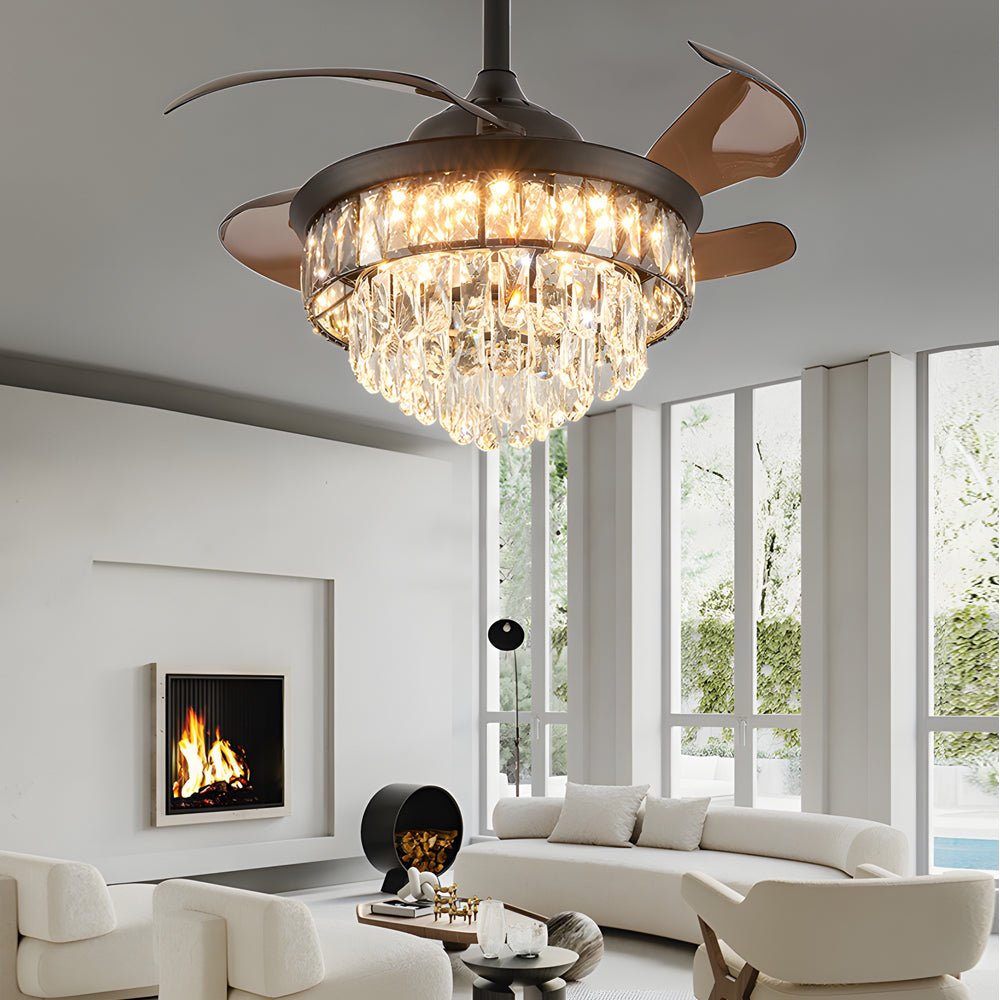 20-Inch Black Crystal Ceiling Fan with Retractable Blades and LED Light
