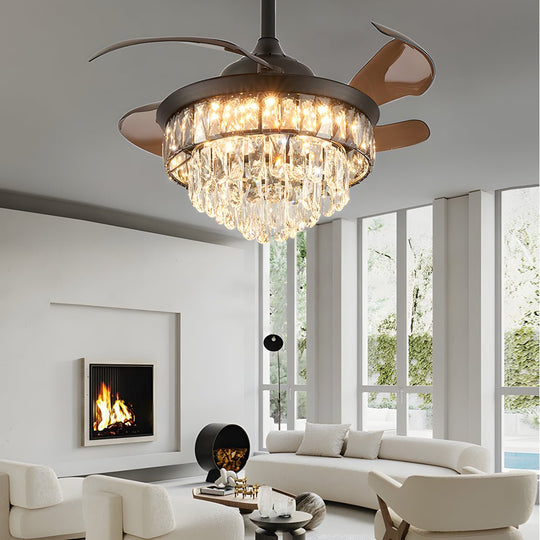 20-Inch Black Crystal Ceiling Fan with Retractable Blades and LED Light