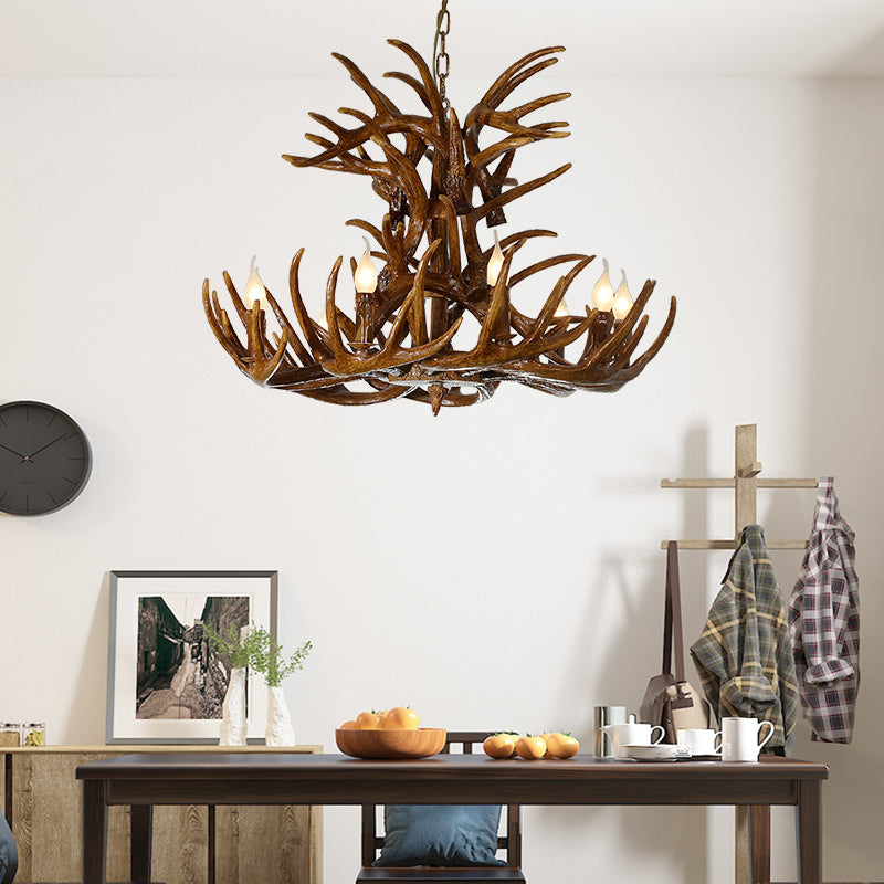 Rustic 9-Light Resin Antler Chandelier – Countryside Brown Pendant
