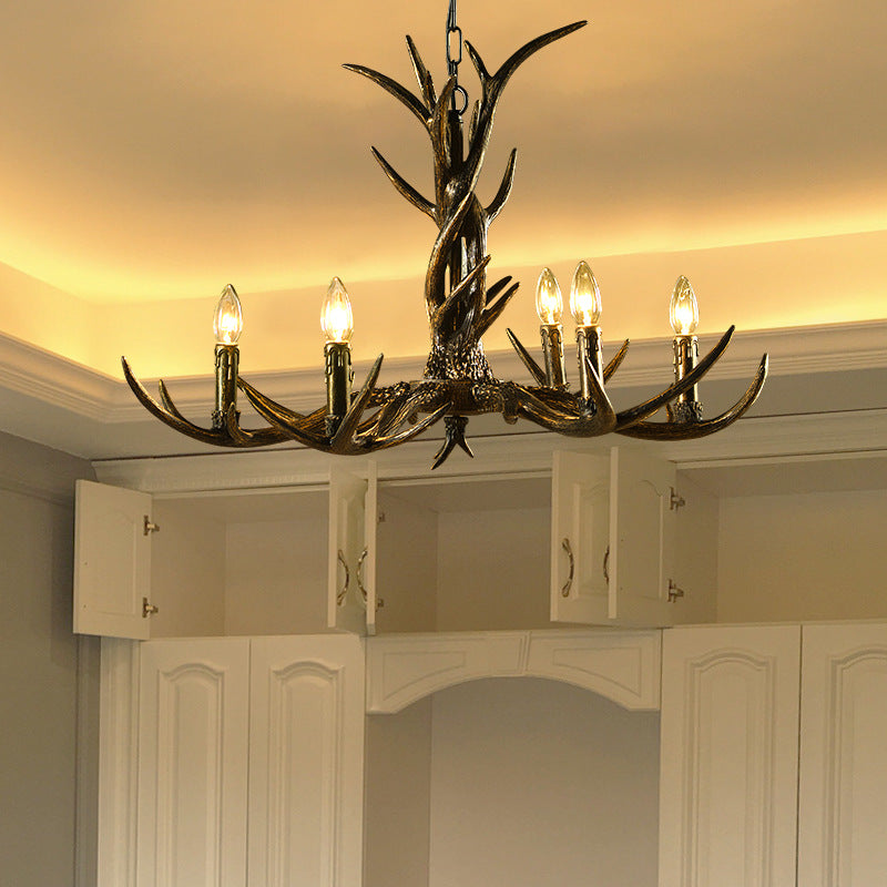 Rustic Brass Resin Antler Chandelier – 6/8/10-Light Pendant for Living & Study Rooms