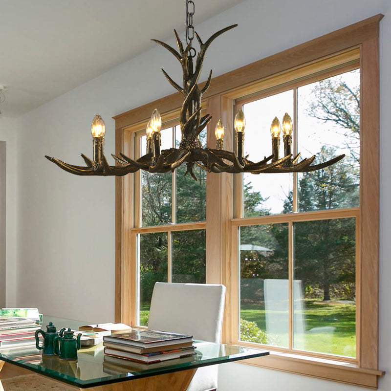 Rustic Brass Resin Antler Chandelier – 6/8/10-Light Pendant for Living & Study Rooms