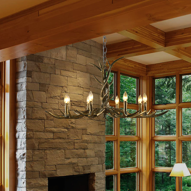 Rustic Brass Resin Antler Chandelier – 6/8/10-Light Pendant for Living & Study Rooms