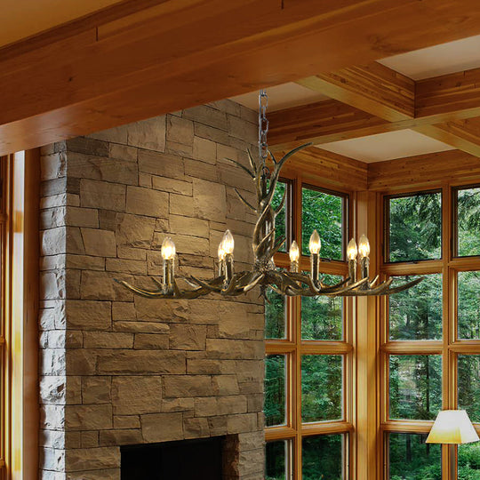 Rustic Brass Resin Antler Chandelier – 6/8/10-Light Pendant for Living & Study Rooms