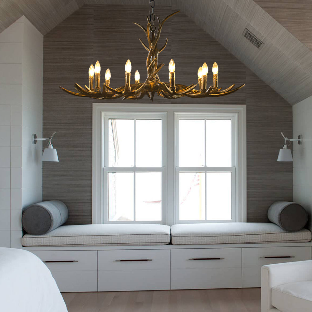 Rustic Brass Resin Antler Chandelier – 6/8/10-Light Pendant for Living & Study Rooms