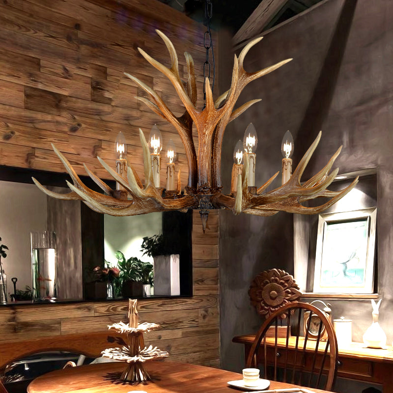 Farmhouse Deer Antler Resin Chandelier – 6/8/10-Light Rustic Brown Pendant