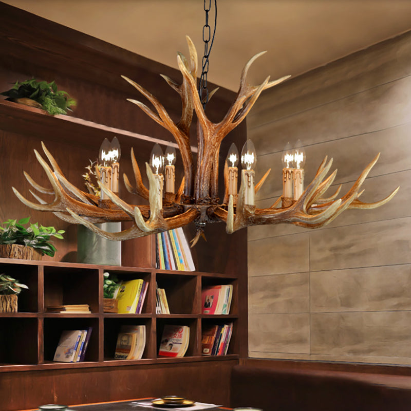 Farmhouse Deer Antler Resin Chandelier – 6/8/10-Light Rustic Brown Pendant