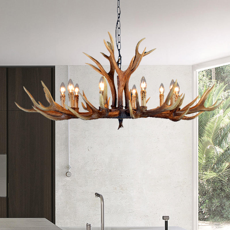 Farmhouse Deer Antler Resin Chandelier – 6/8/10-Light Rustic Brown Pendant