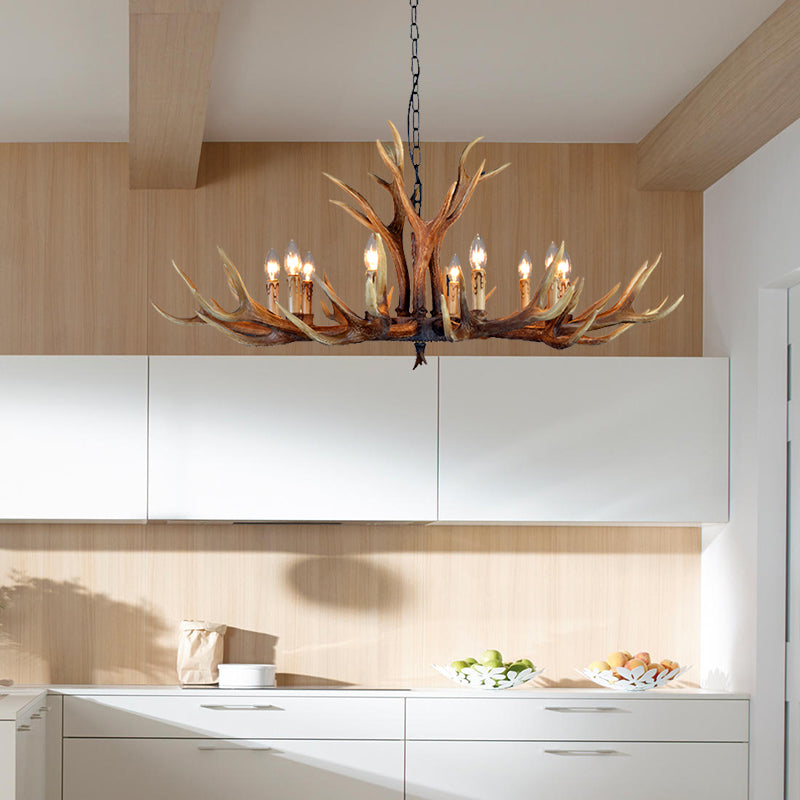 Farmhouse Deer Antler Resin Chandelier – 6/8/10-Light Rustic Brown Pendant