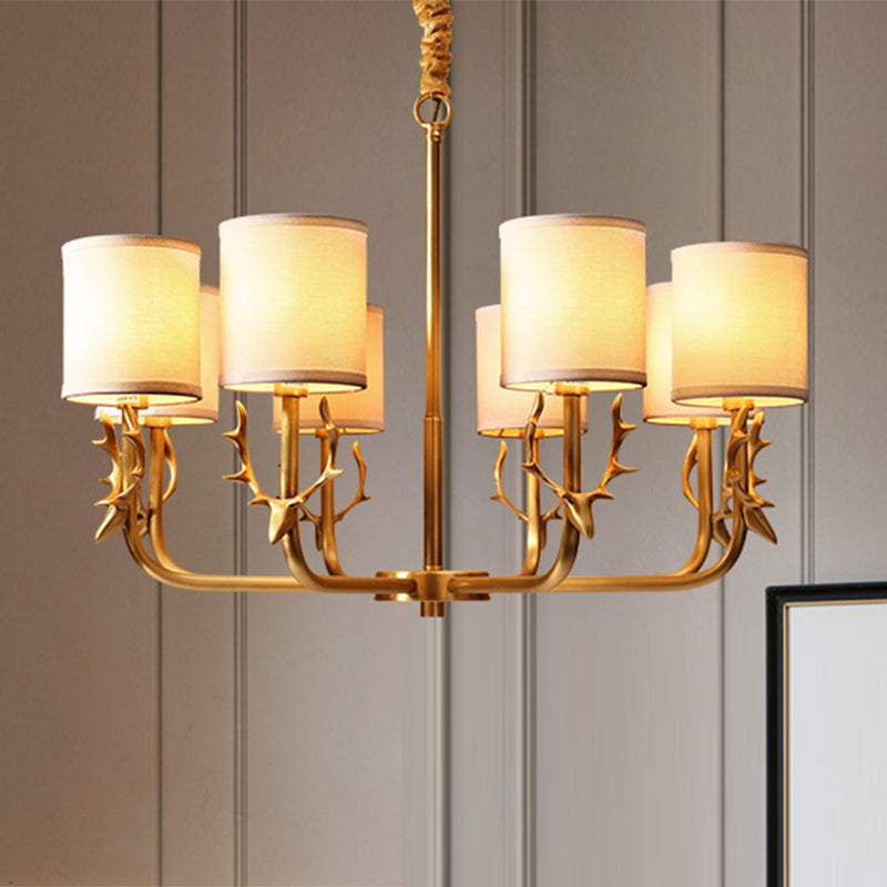 Nordic Cylindrical Chandelier with Antler Accents – Gold Fabric Shade Pendant Light