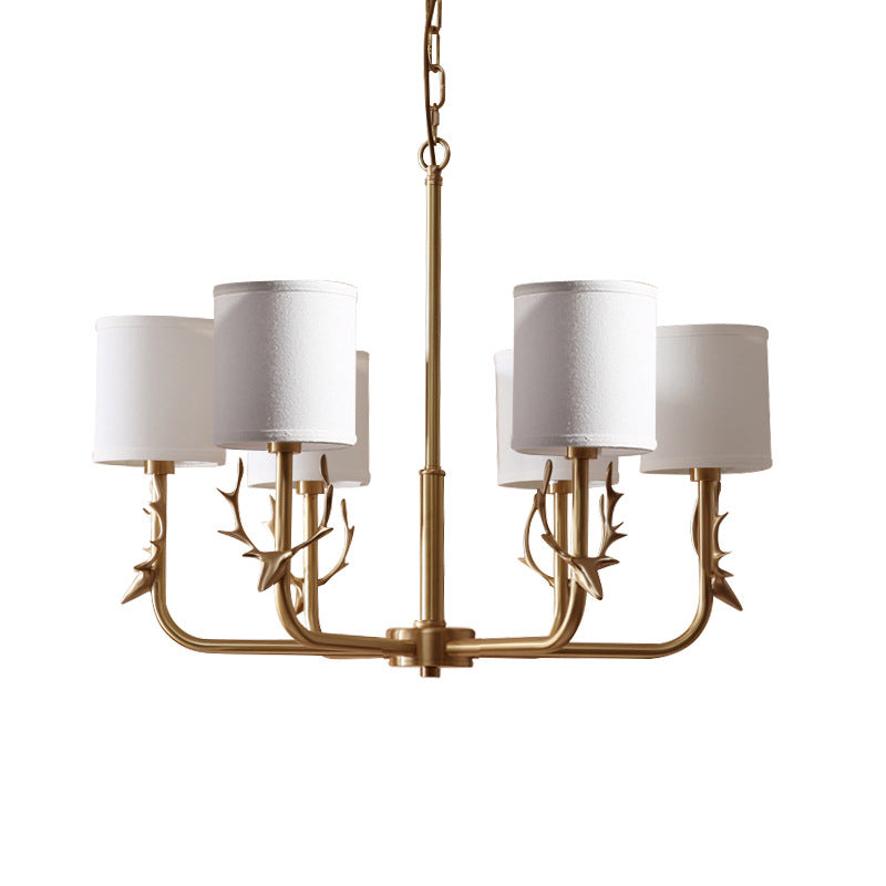Nordic Cylindrical Chandelier with Antler Accents – Gold Fabric Shade Pendant Light
