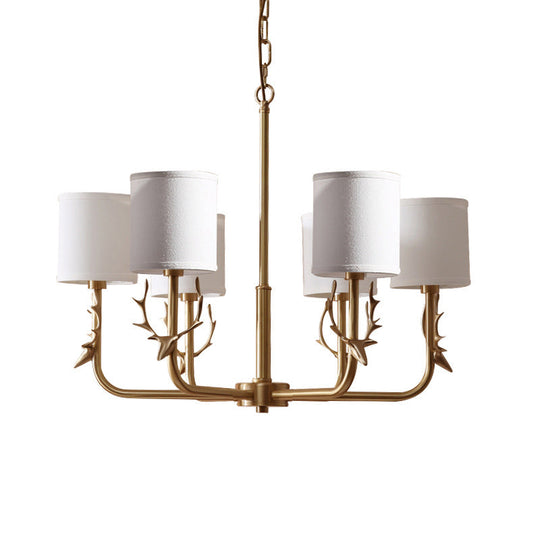 Nordic Cylindrical Chandelier with Antler Accents – Gold Fabric Shade Pendant Light