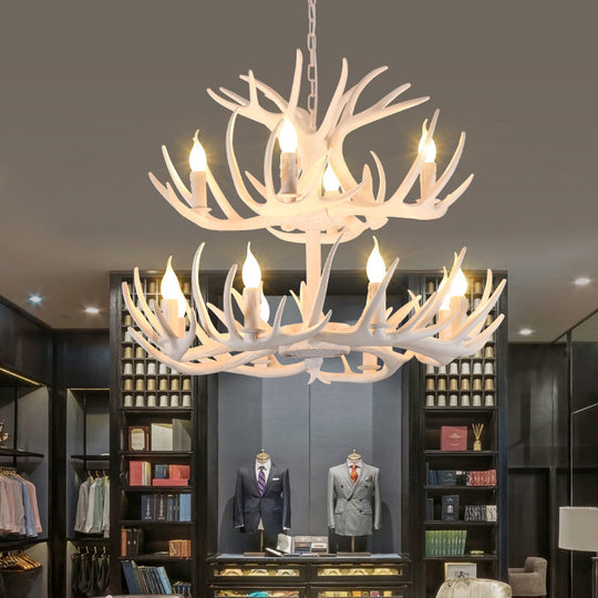 Rustic Resin Candle Chandelier – Country-Style Pendant with Antler Accents