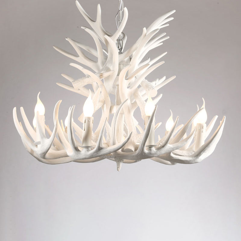 Artificial Antler Rustic Chandelier – Resin & Wood Pendant with Exposed Bulbs