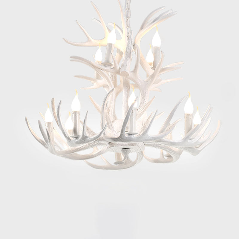Artificial Antler Rustic Chandelier – Resin & Wood Pendant with Exposed Bulbs