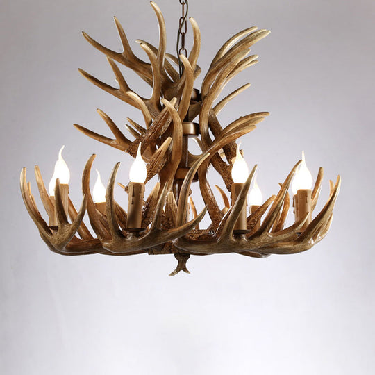 Artificial Antler Rustic Chandelier – Resin & Wood Pendant with Exposed Bulbs