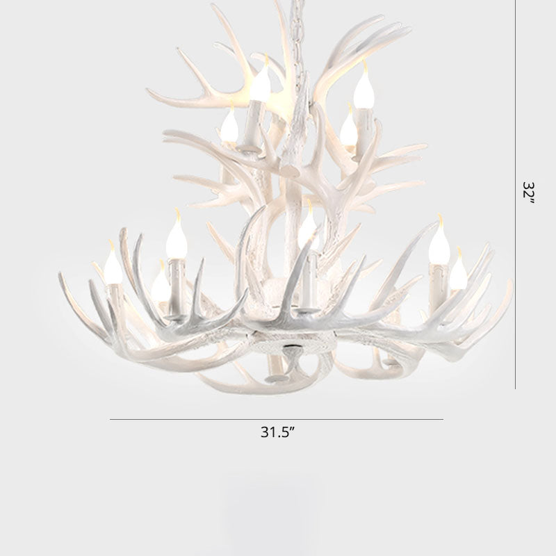 Artificial Antler Rustic Chandelier – Resin & Wood Pendant with Exposed Bulbs