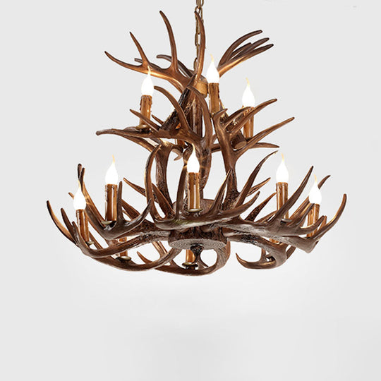 Artificial Antler Rustic Chandelier – Resin & Wood Pendant with Exposed Bulbs
