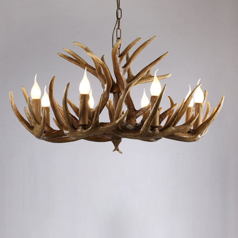 Artificial Antler Rustic Chandelier – Resin & Wood Pendant with Exposed Bulbs