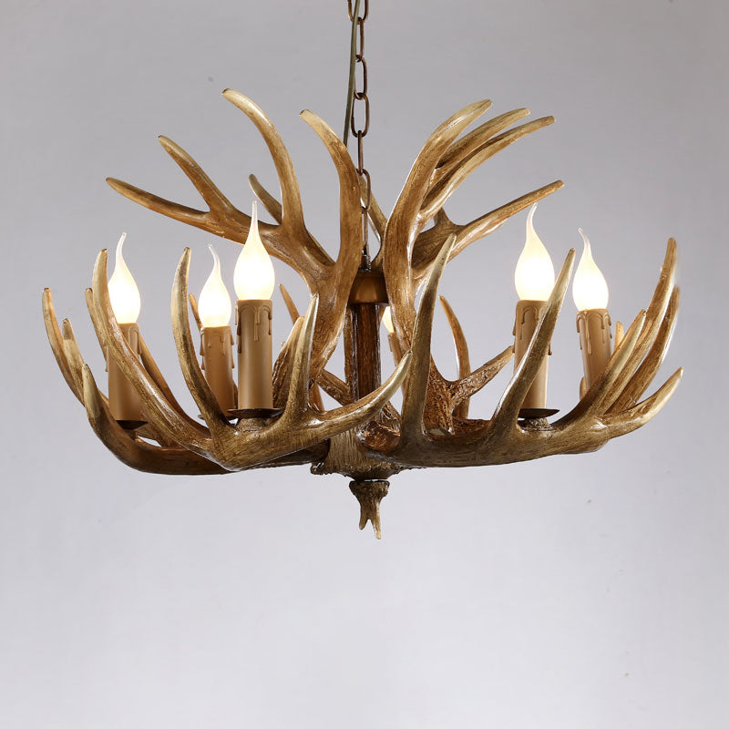 Artificial Antler Rustic Chandelier – Resin & Wood Pendant with Exposed Bulbs
